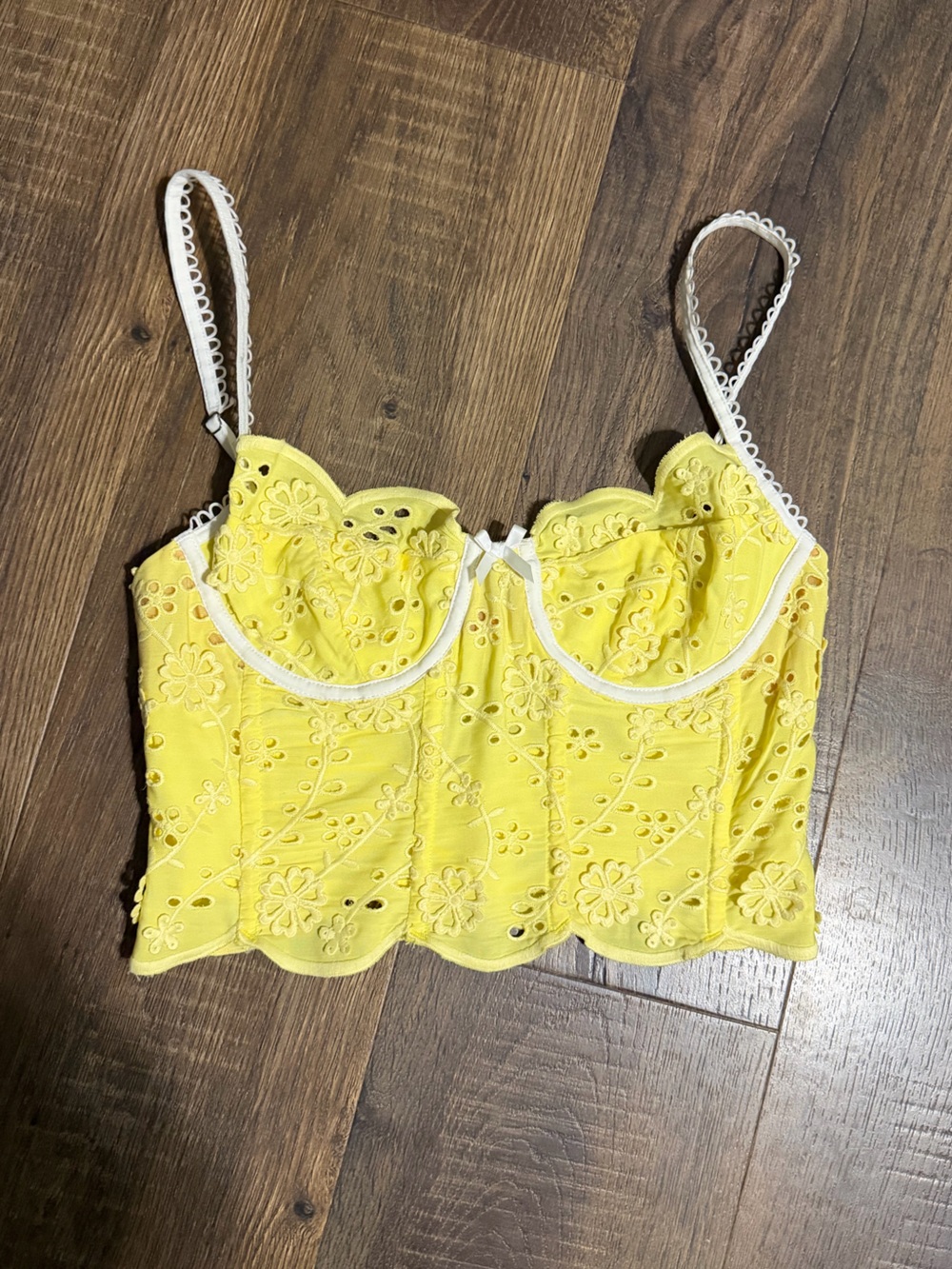 For Love & Lemons Yellow Eyelet Lace Bralette with White Trim